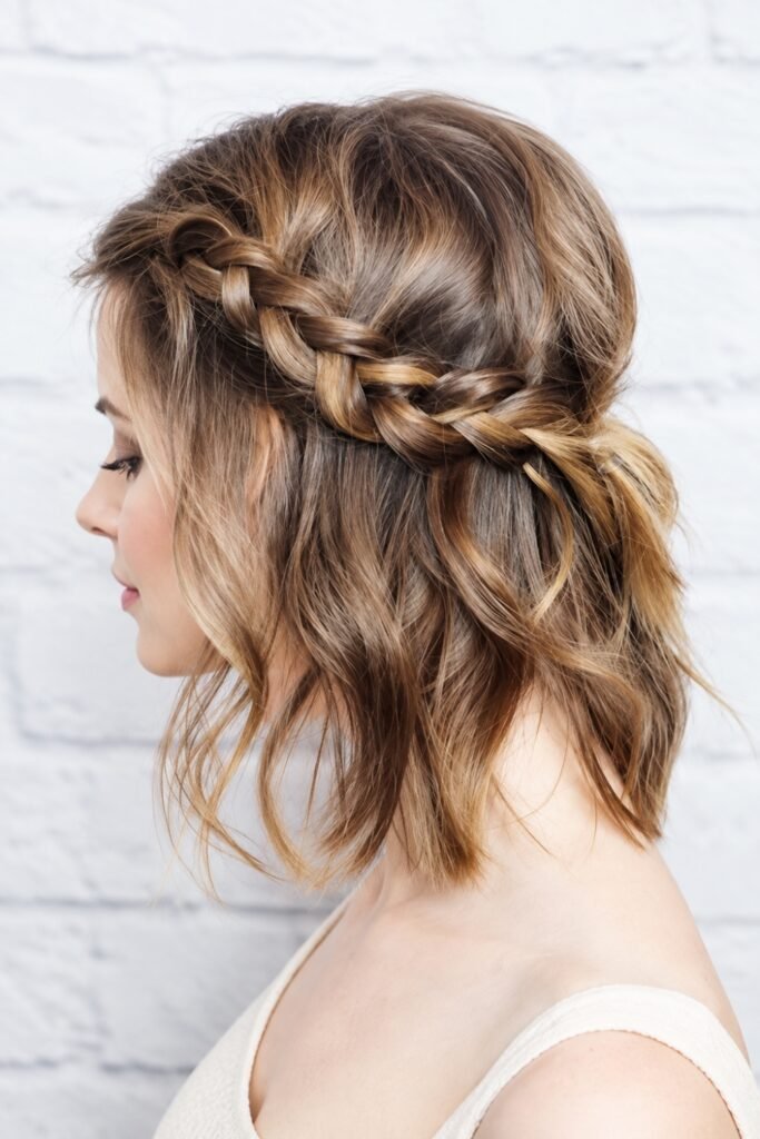 Side view of a braided crown on a wavy bob