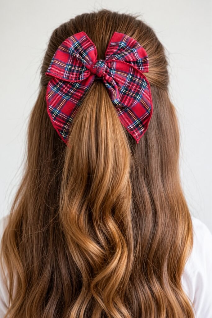 Half-Up with Red Tartan Bow