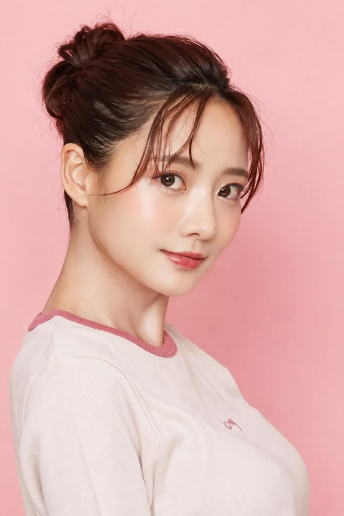High bun with wispy bangs against a pink background