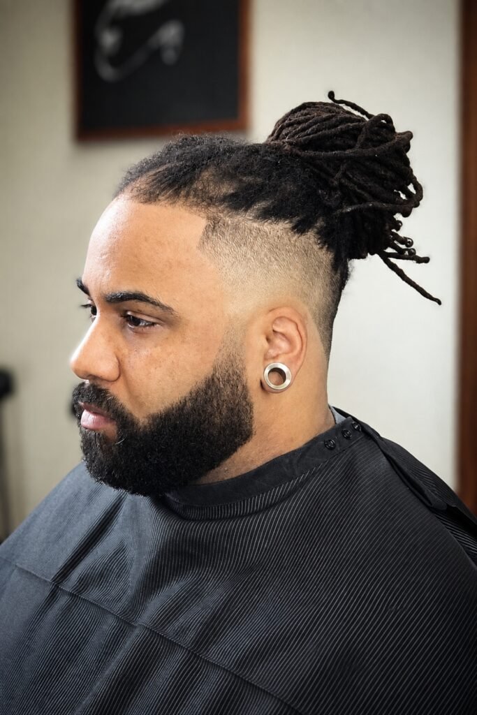 High loc bun with a skin fade