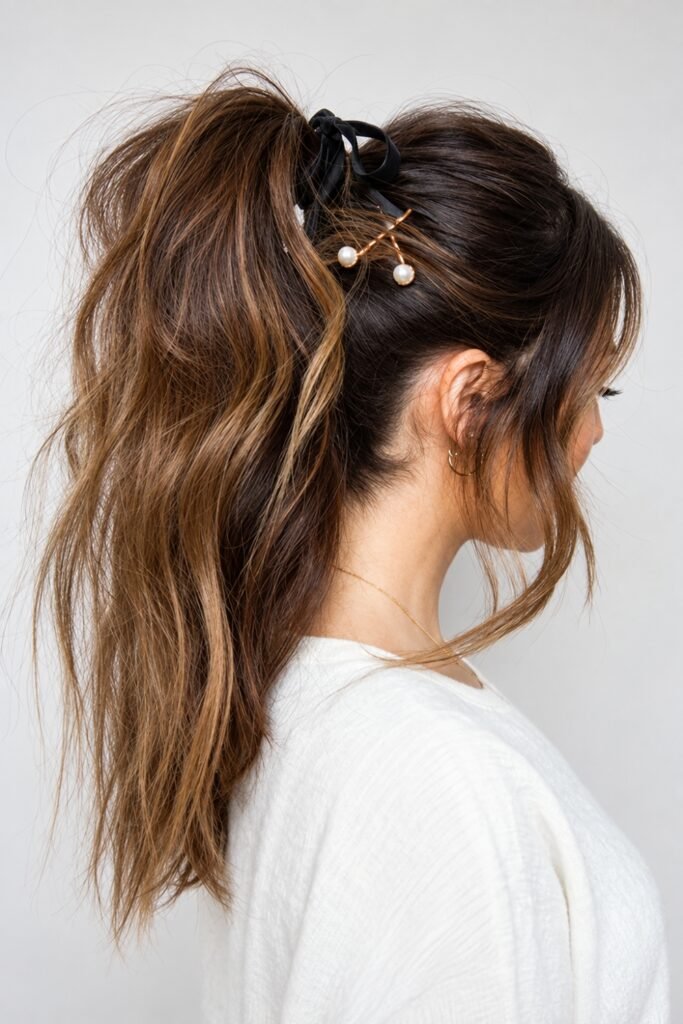 High Ponytail with Ribbon Wrap