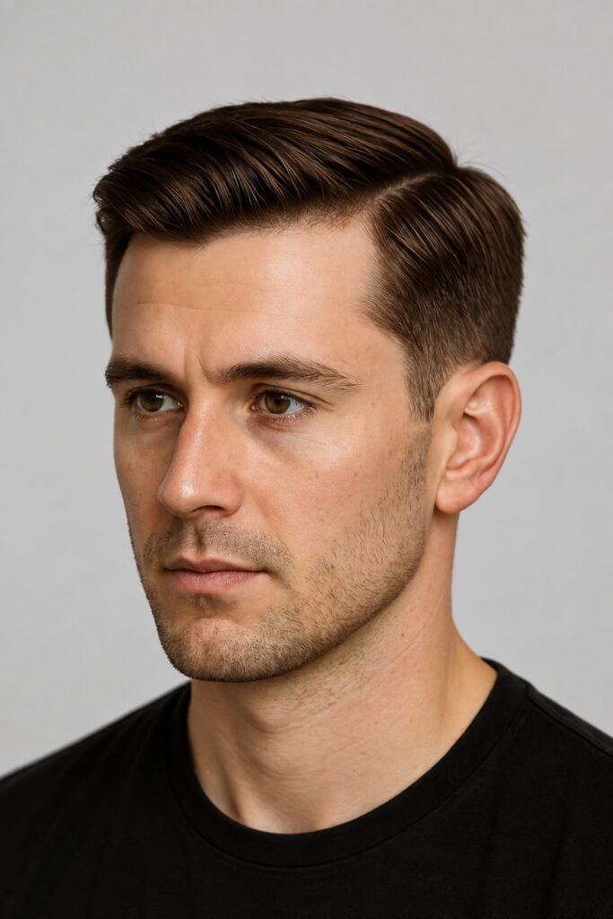 Man with an Ivy League haircut and a side part