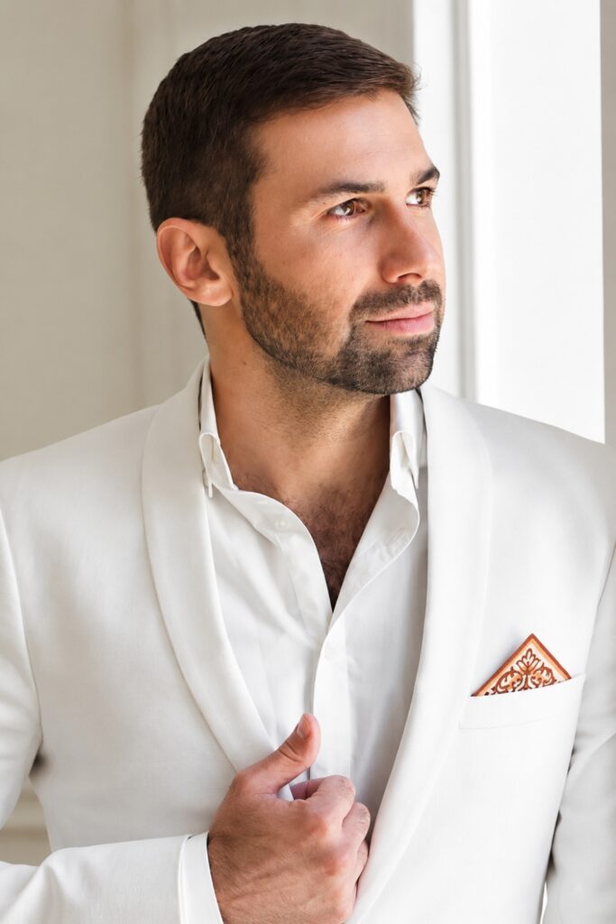 Ivy League cut with neat stubble