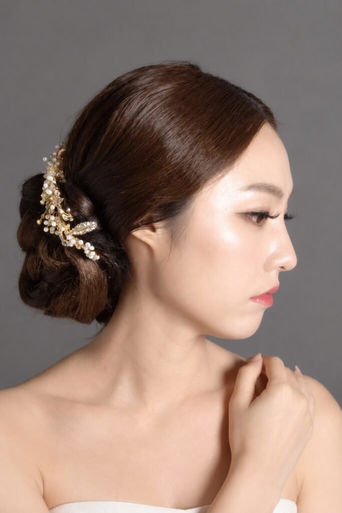 Bridal low bun with a floral hair comb