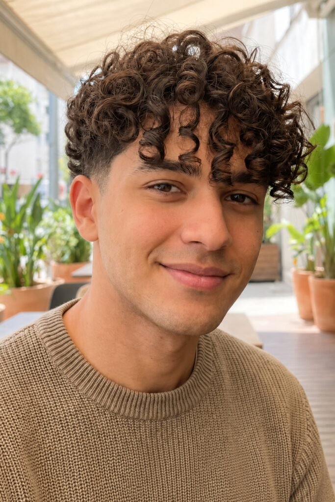 Layered curly fringe on a smiling man