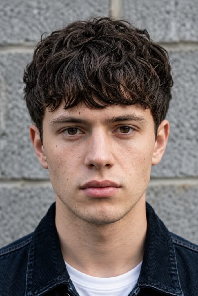 Young man with a layered curly fringe