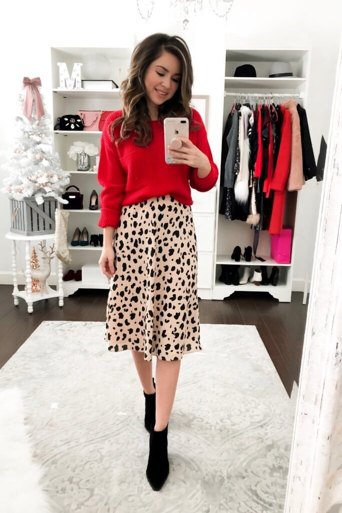 Leopard Midi Skirt + Red Knit