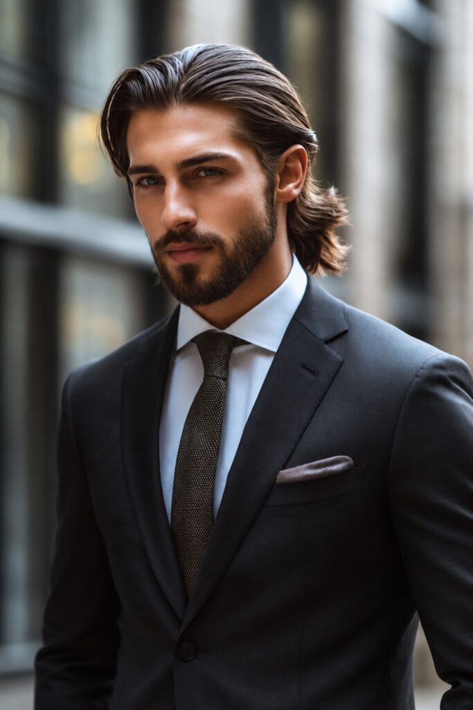 Long brushed-back hair with a beard