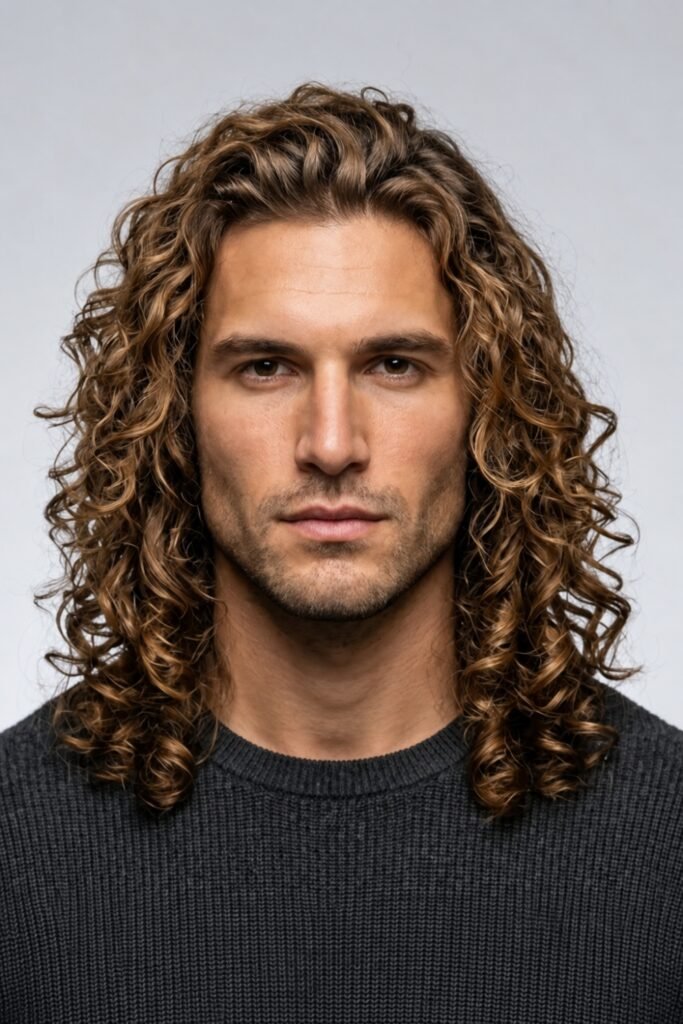 Long layered curly hair on a man