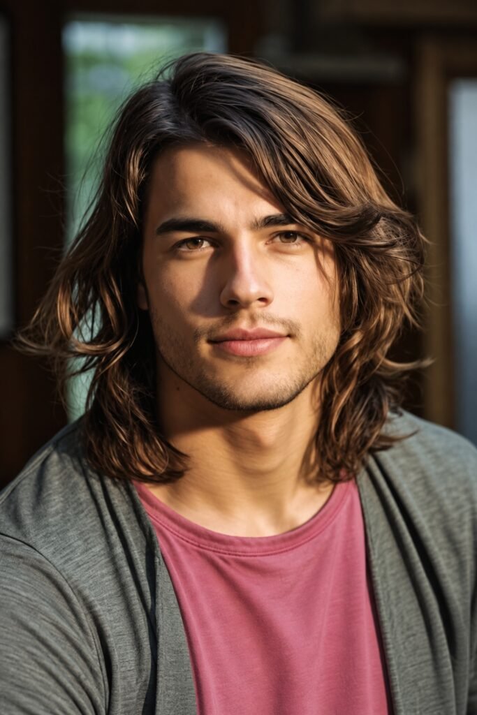 Man with a long flow haircut and cheekbone-length bangs