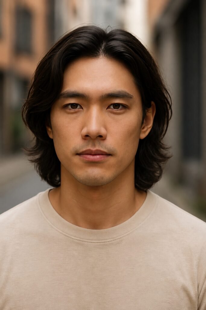 Long layered bob on a man