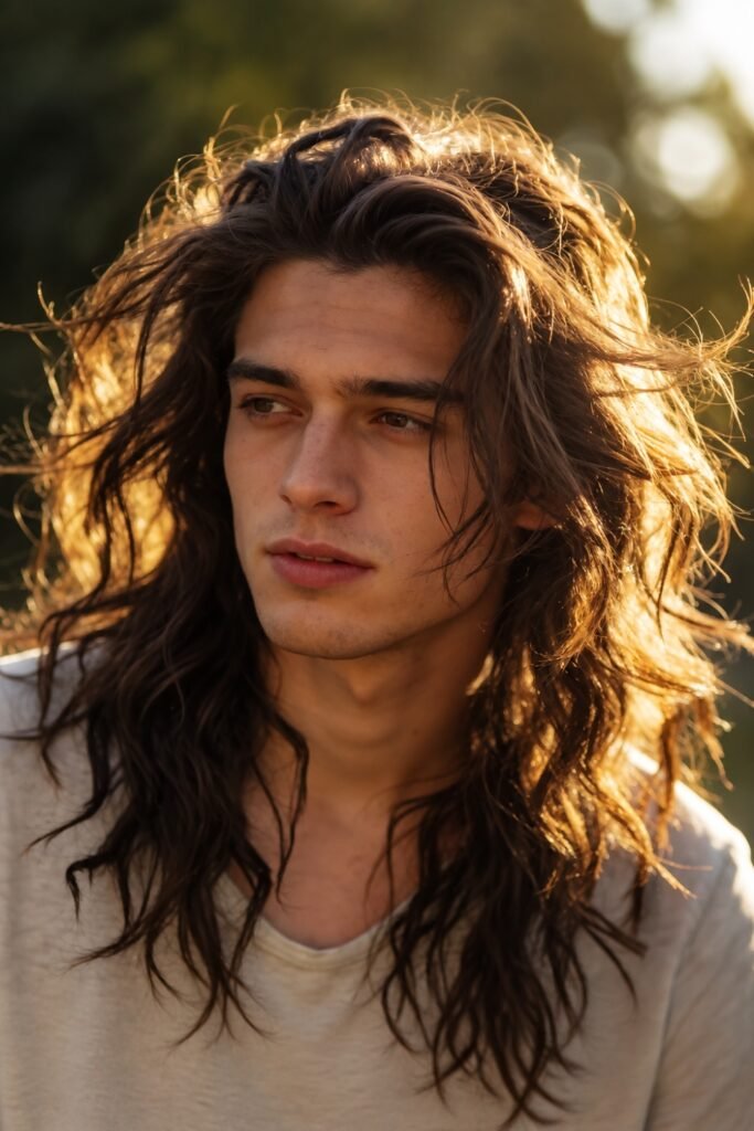 Man with long tousled layers in warm sunlight