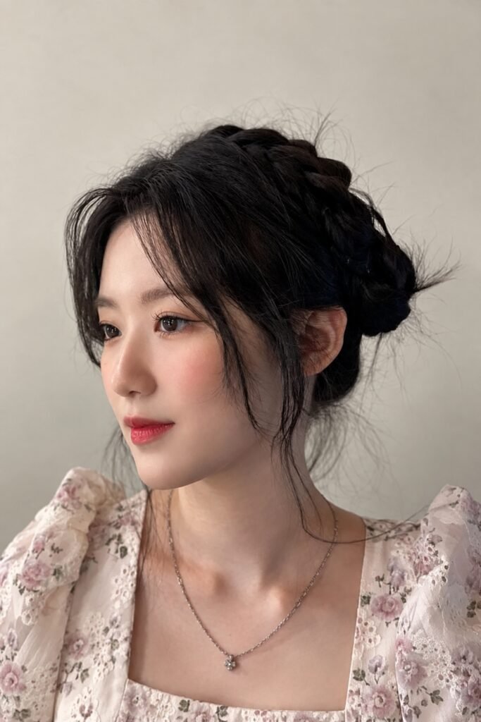 Loose braided bun with a soft fringe