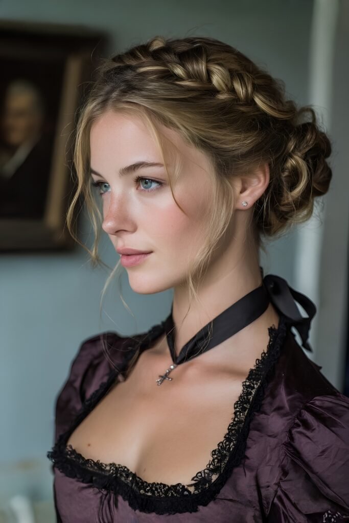 Low braided chignon worn with a period-style dress