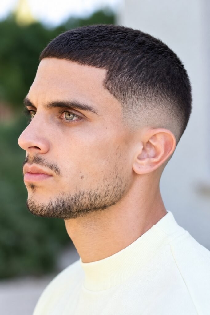 Side profile of a buzz cut with a low fade