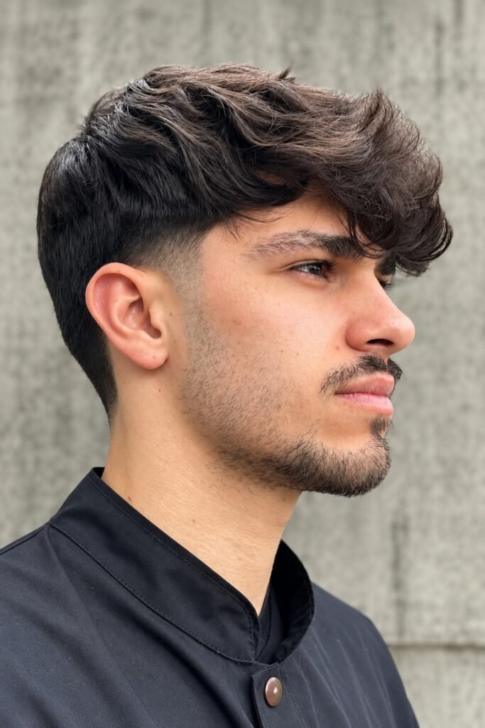 Man with a low-fade flow haircut and bangs pushed forward