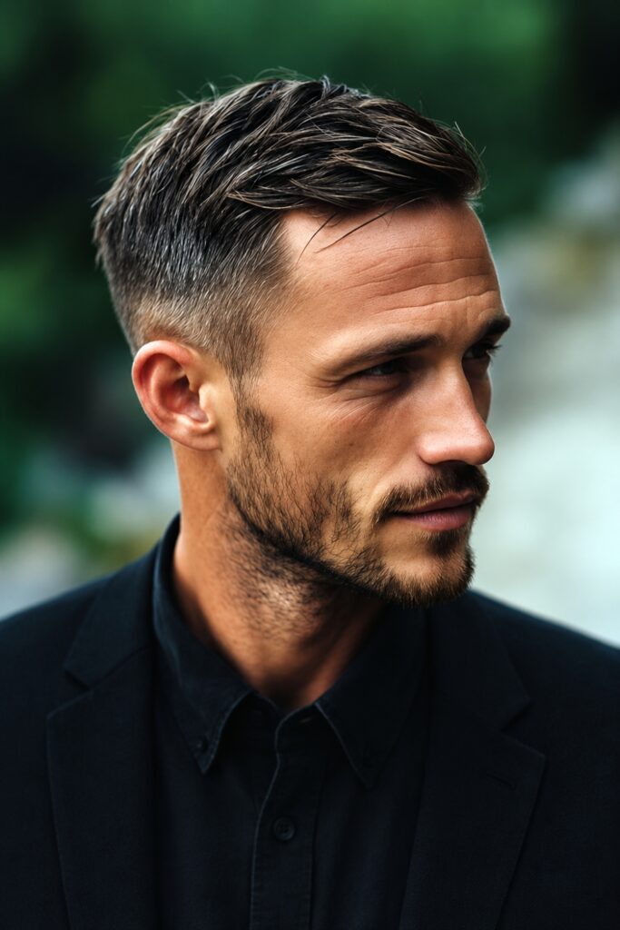 Low taper side sweep with a short beard