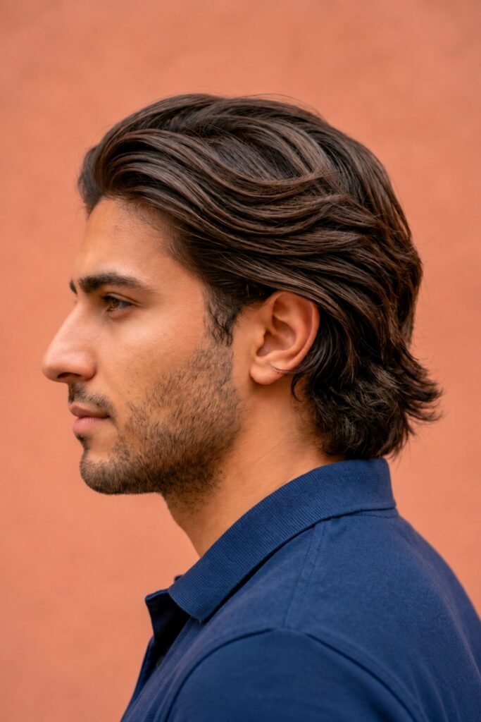 Side profile of a medium bro flow haircut