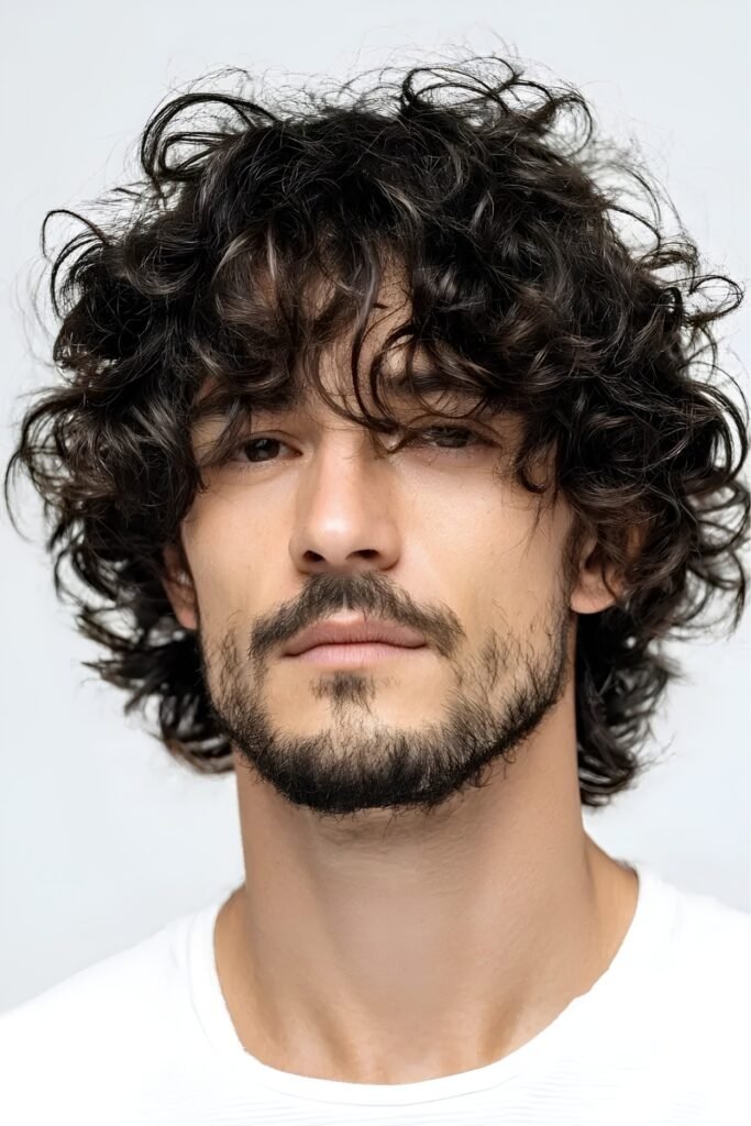 Man with thick curly layers and a beard