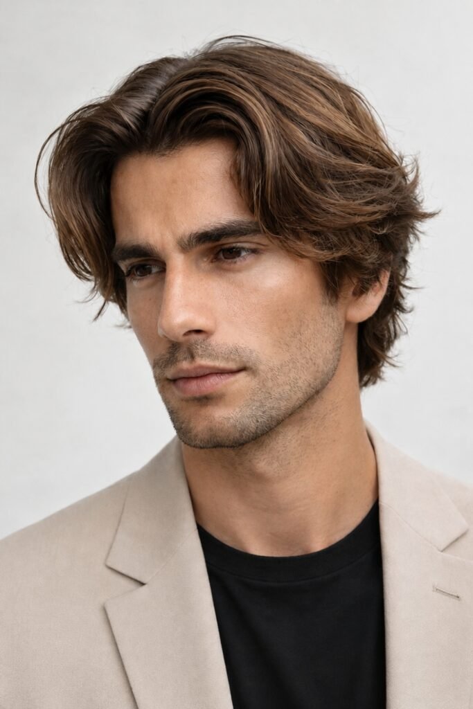 Man with a layered middle part