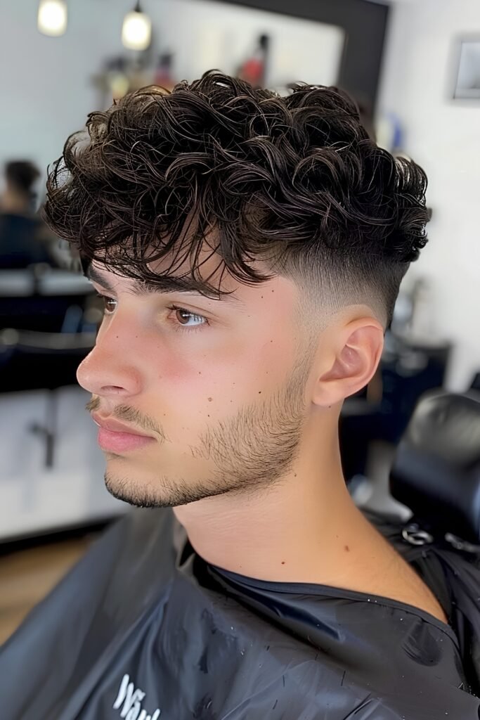 Side view of a messy curly taper in a barbershop