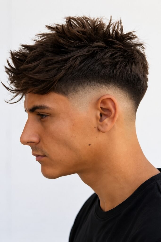 Side view of a messy faux hawk with a taper