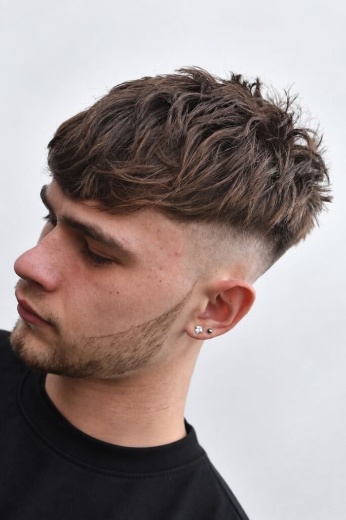 Side view of a messy French crop with a broken fringe