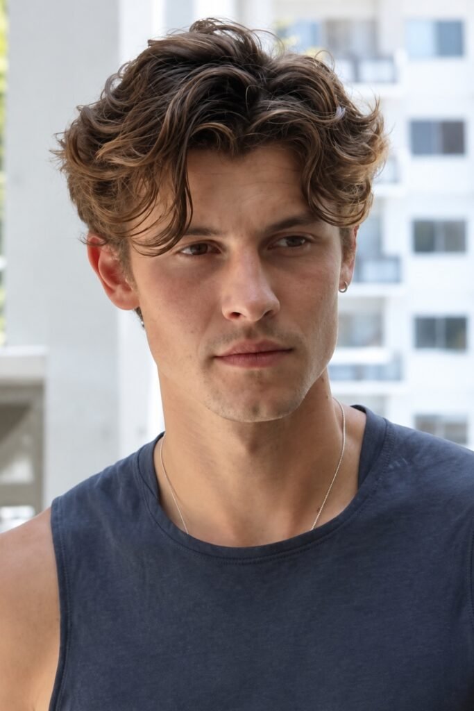 Messy middle part on a man