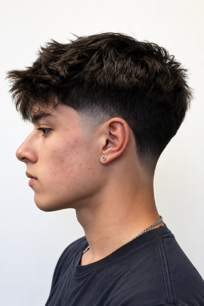 Side view of a messy top with a low taper
