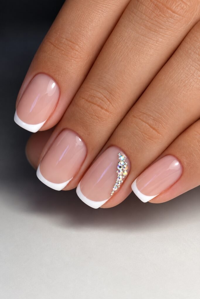 Micro-French nails with a single gem accent