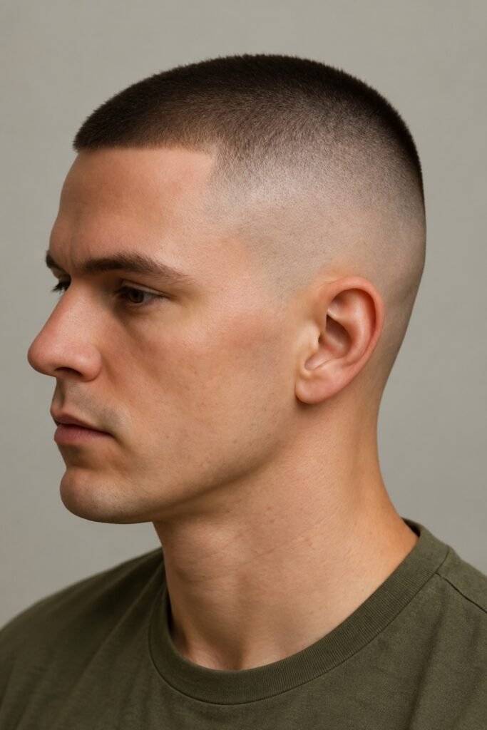 Side profile of a buzz cut with a mid fade