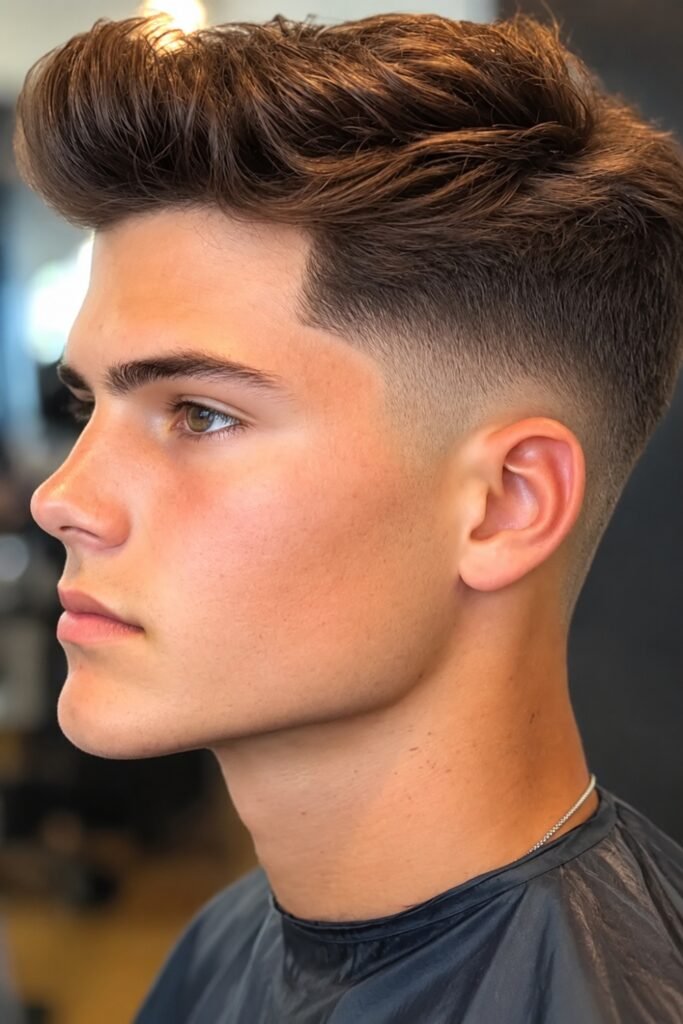 Side view of a mid fade with natural volume on top