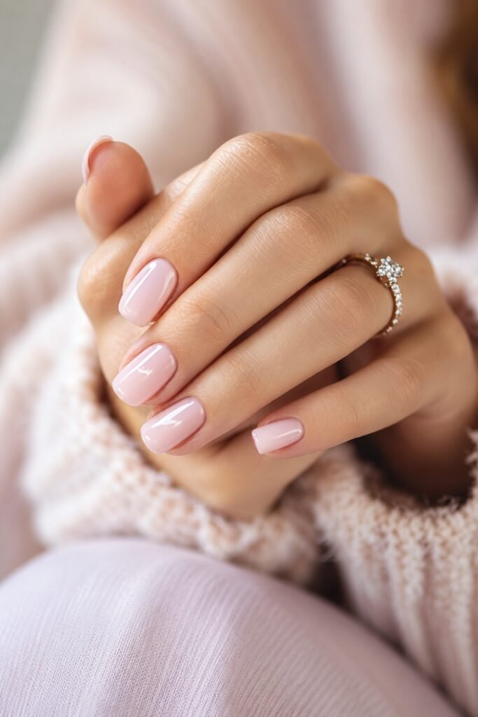 Milky blush nails with a wedding ring