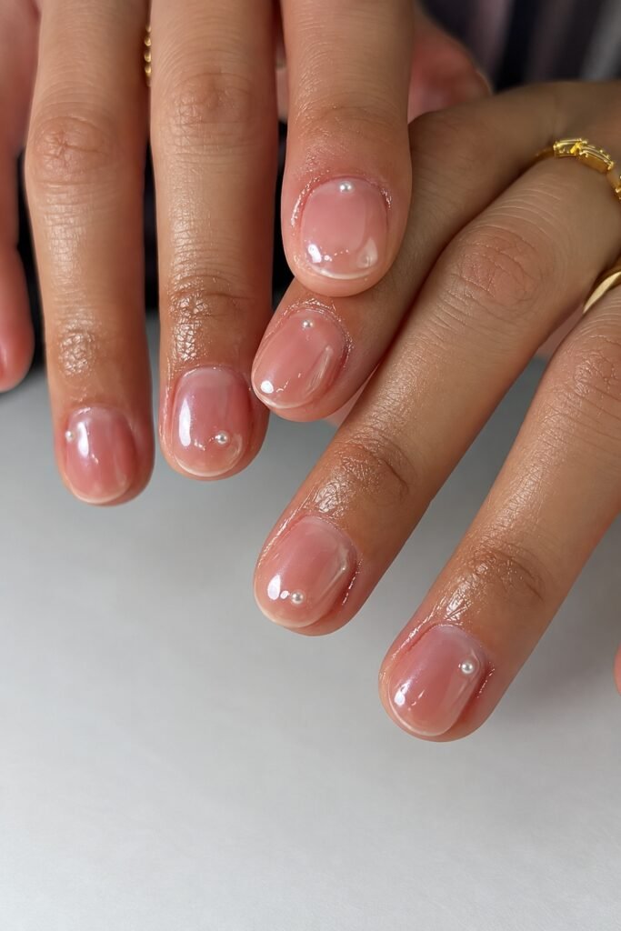 Short blush nails with mini pearl accents