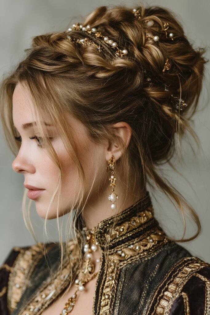 Side view of a Renaissance-style updo with gold pins