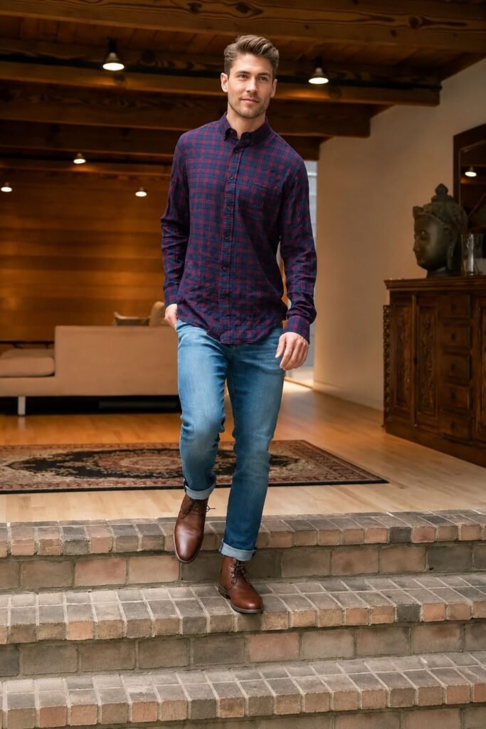 Man in a navy flannel shirt with light-wash jeans, walking down steps