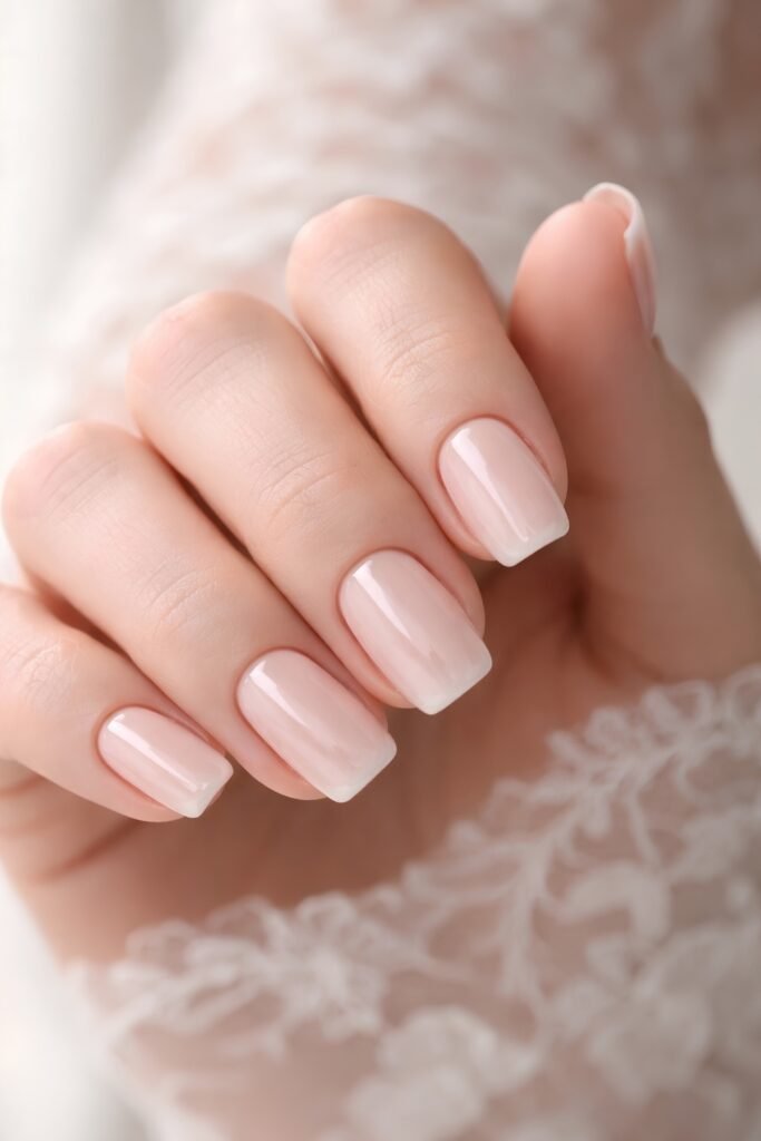Nude foundation-style nails resting on lace