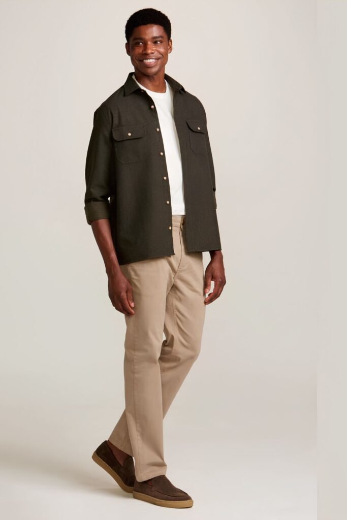 Man in an olive flannel overshirt with beige chinos