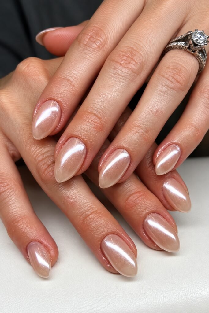 Pearl chrome almond nails