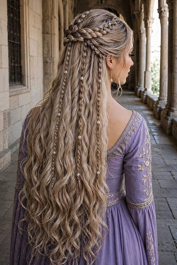 Back view of long crimped hair with pearl-threaded braids