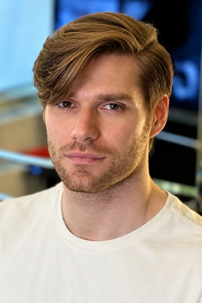 Man with a neat professional flow haircut and side bangs
