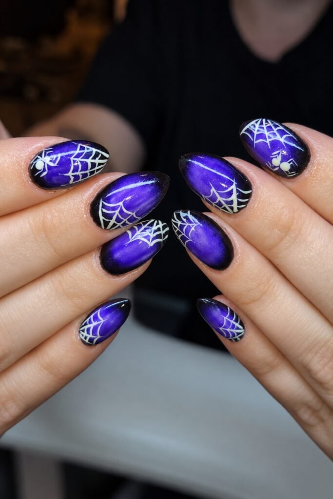Purple Spiderweb Almond Nails