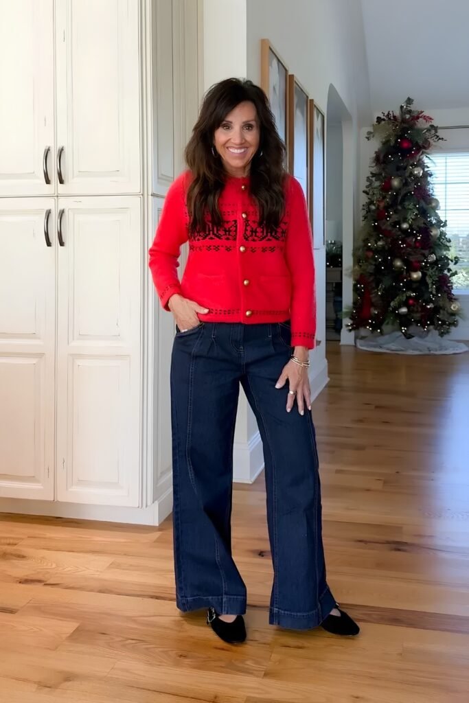 Red Cardigan + Dark Jeans