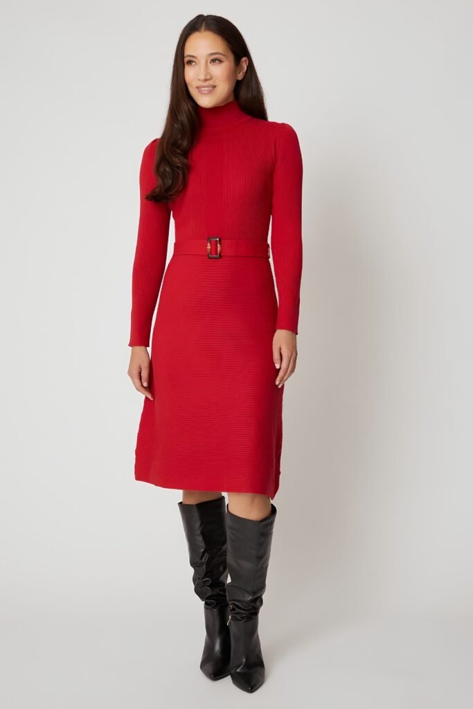 Red Knit Midi Dress + Tall Boots