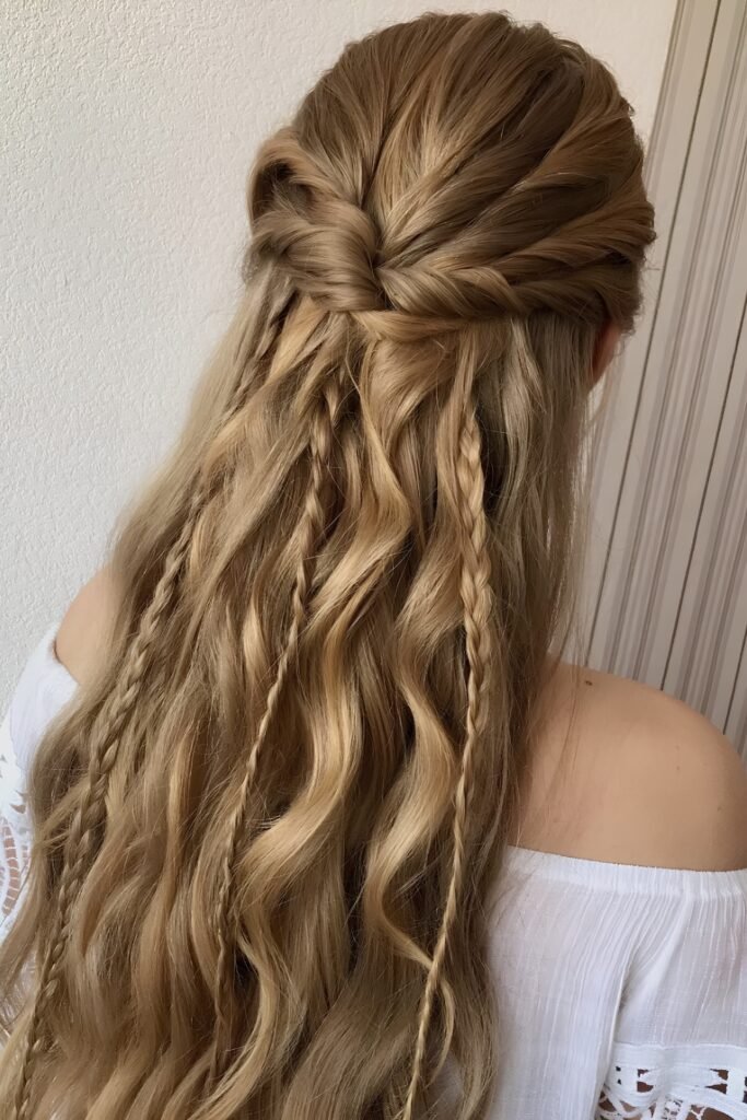 Back view of long Renaissance curls with mini braids