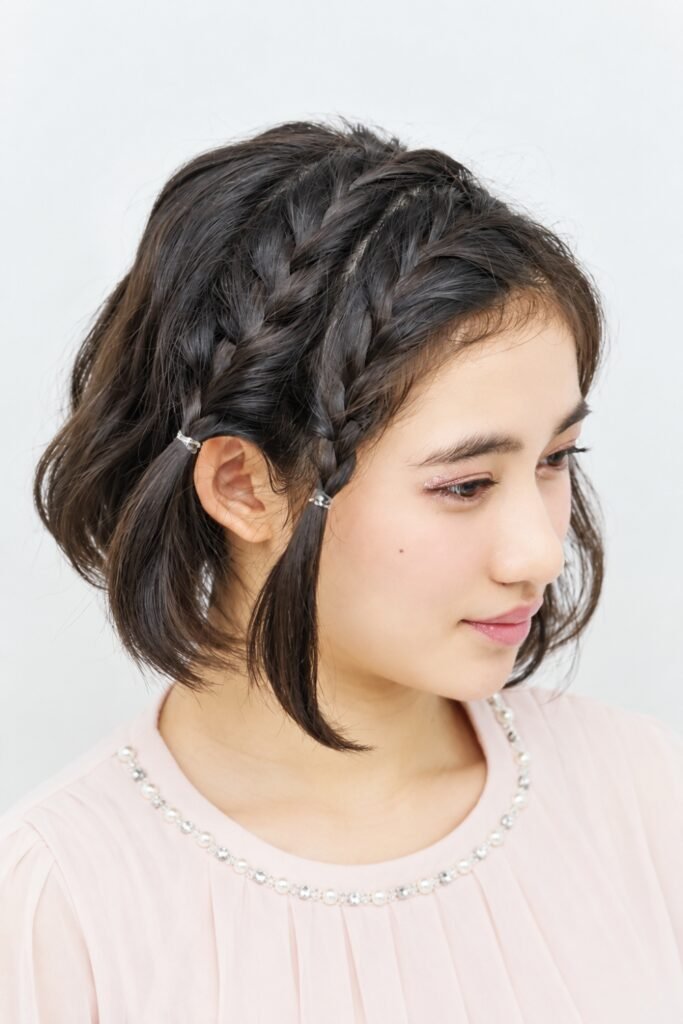 Short dark hair with small side braids