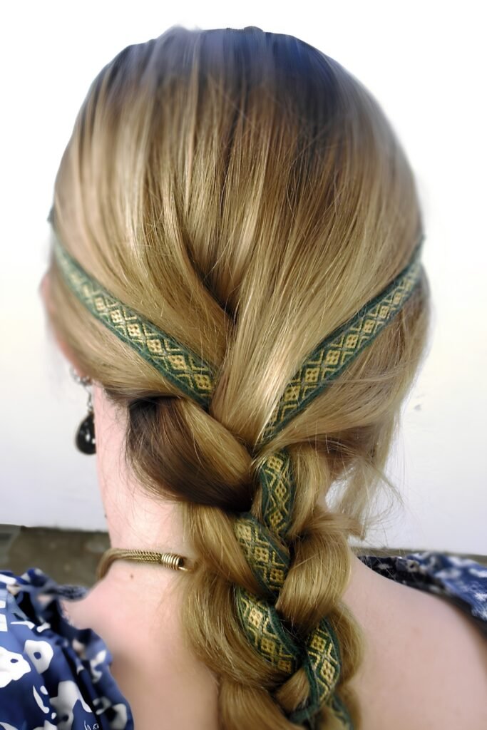 Back view of a single braid woven with ribbon