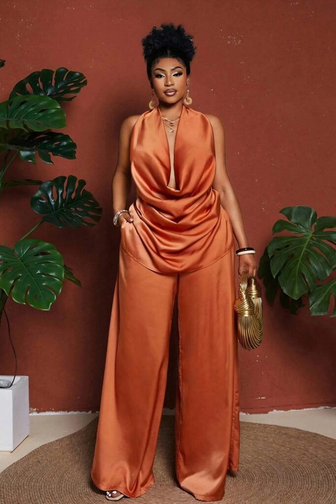 Plus-size satin trousers with a draped top