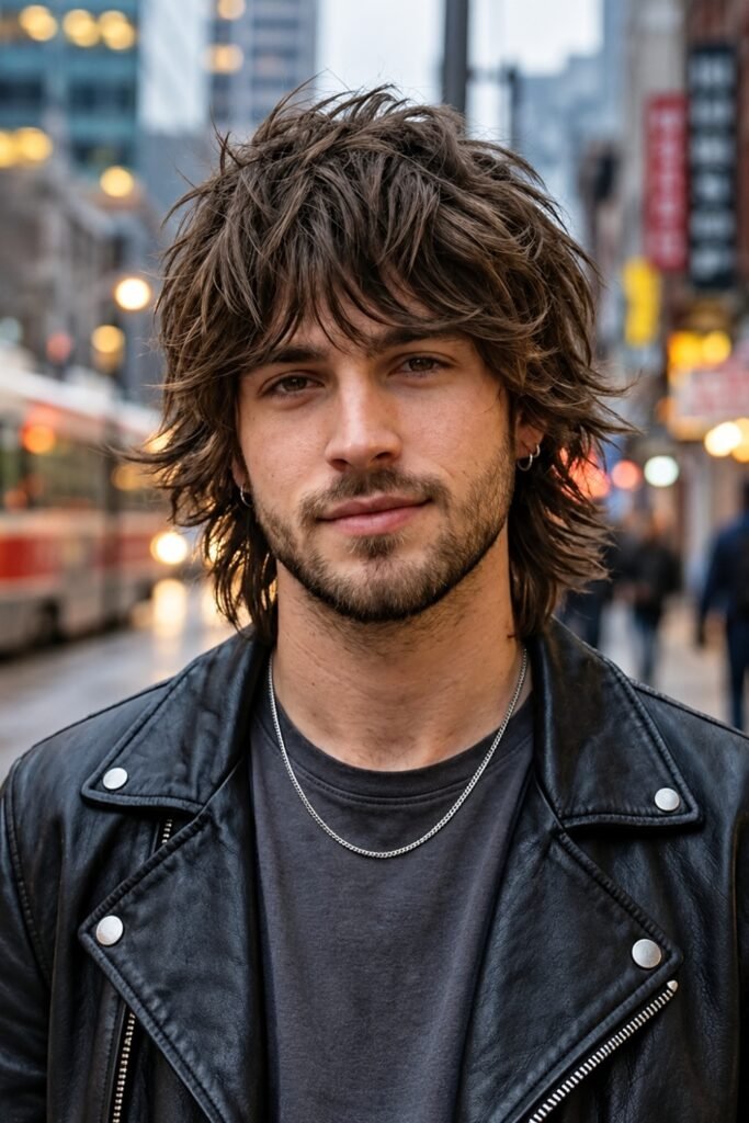Man with a shag flow haircut and bangs on a city street