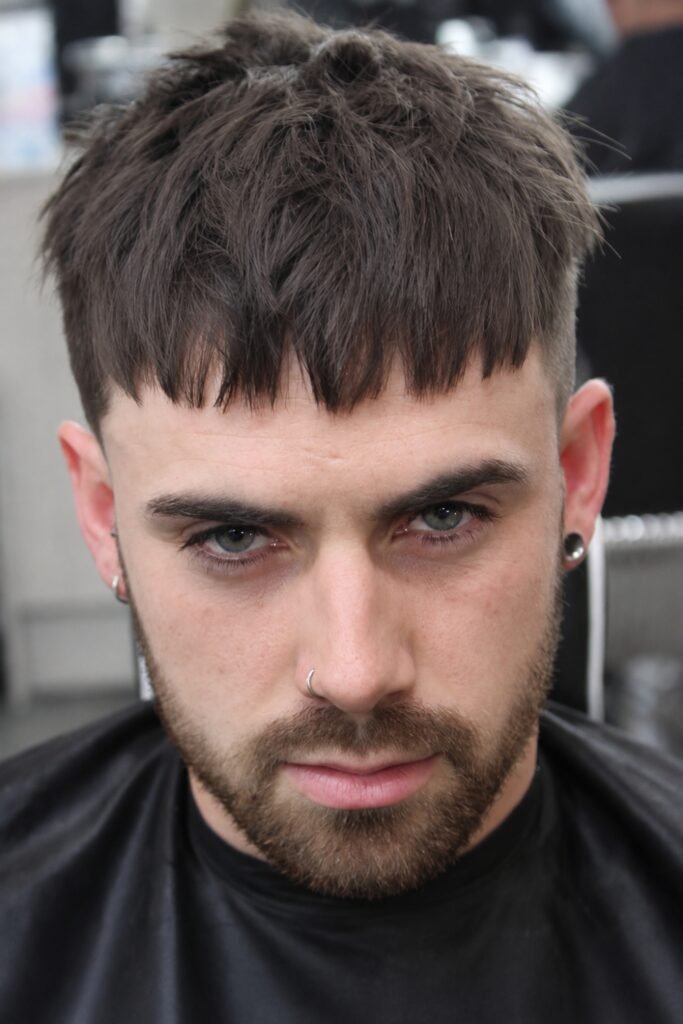 Man with a shaggy French crop looking down